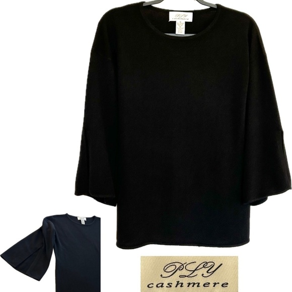 Ply Cashmere 100% Cashmere Crew Neck Sweater with 3/4 Bell Slit Sleeve Black Med - Picture 1 of 12